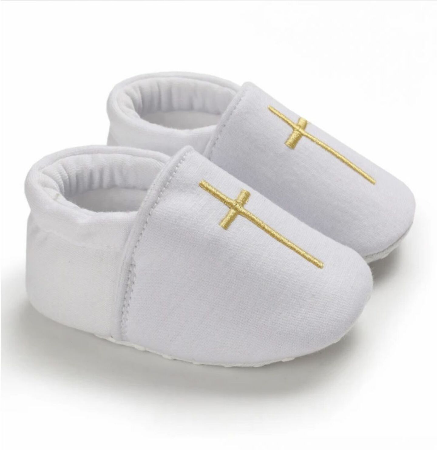 Baby White Fabric Slip-On Christening Shoes with Gold Cross | Lucys