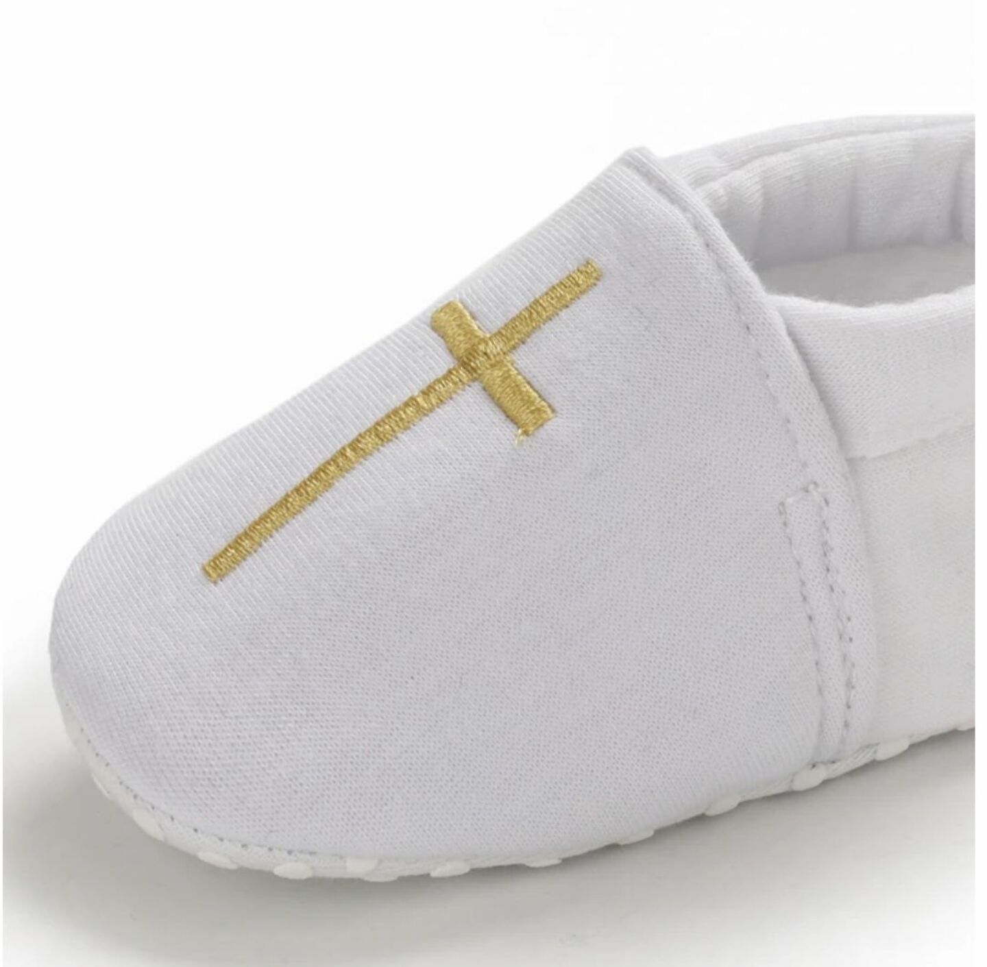 Baby White Fabric Slip-On Christening Shoes with Gold Cross | Lucys