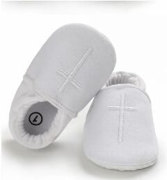 Baby White Fabric Slip-On Christening Shoes with White Cross | Lucys