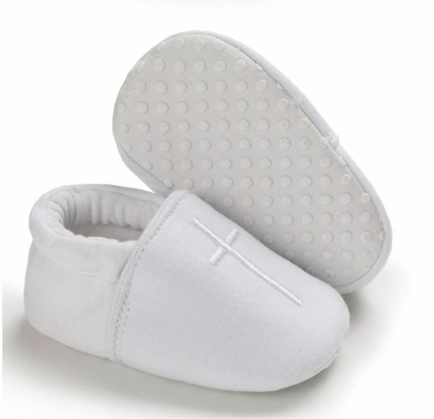 Baby White Fabric Slip-On Christening Shoes with White Cross | Lucys