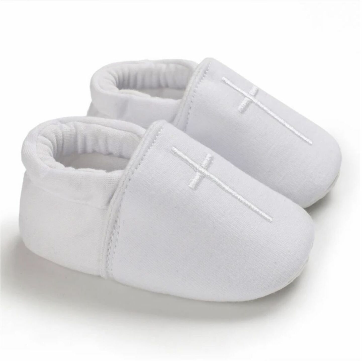 Baby White Fabric Slip-On Christening Shoes with White Cross | Lucys
