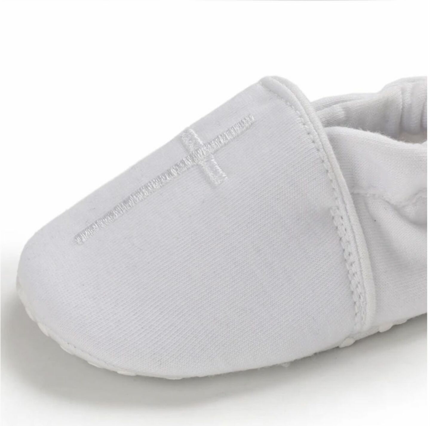 Baby White Fabric Slip-On Christening Shoes with White Cross | Lucys