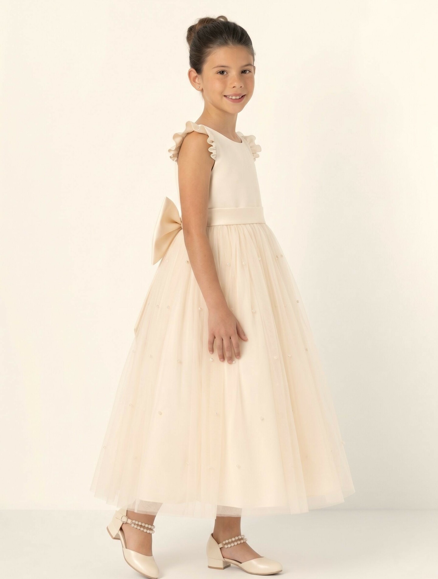 Jacqueline Champagne Pearl Tulle Flower Girl & Junior Bridesmaid Dress | Lucys