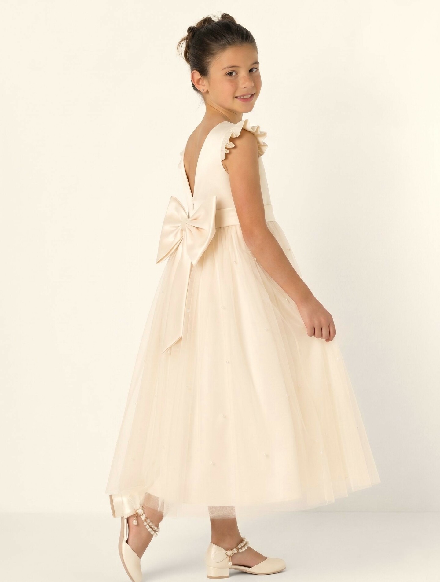 Jacqueline Champagne Pearl Tulle Flower Girl & Junior Bridesmaid Dress | Lucys