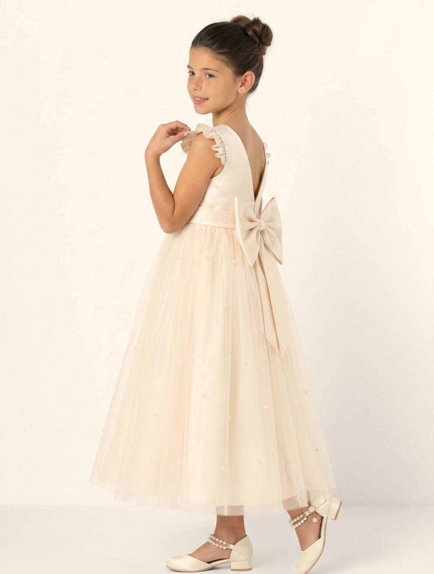 Jacqueline Champagne Pearl Tulle Flower Girl & Junior Bridesmaid Dress | Lucys