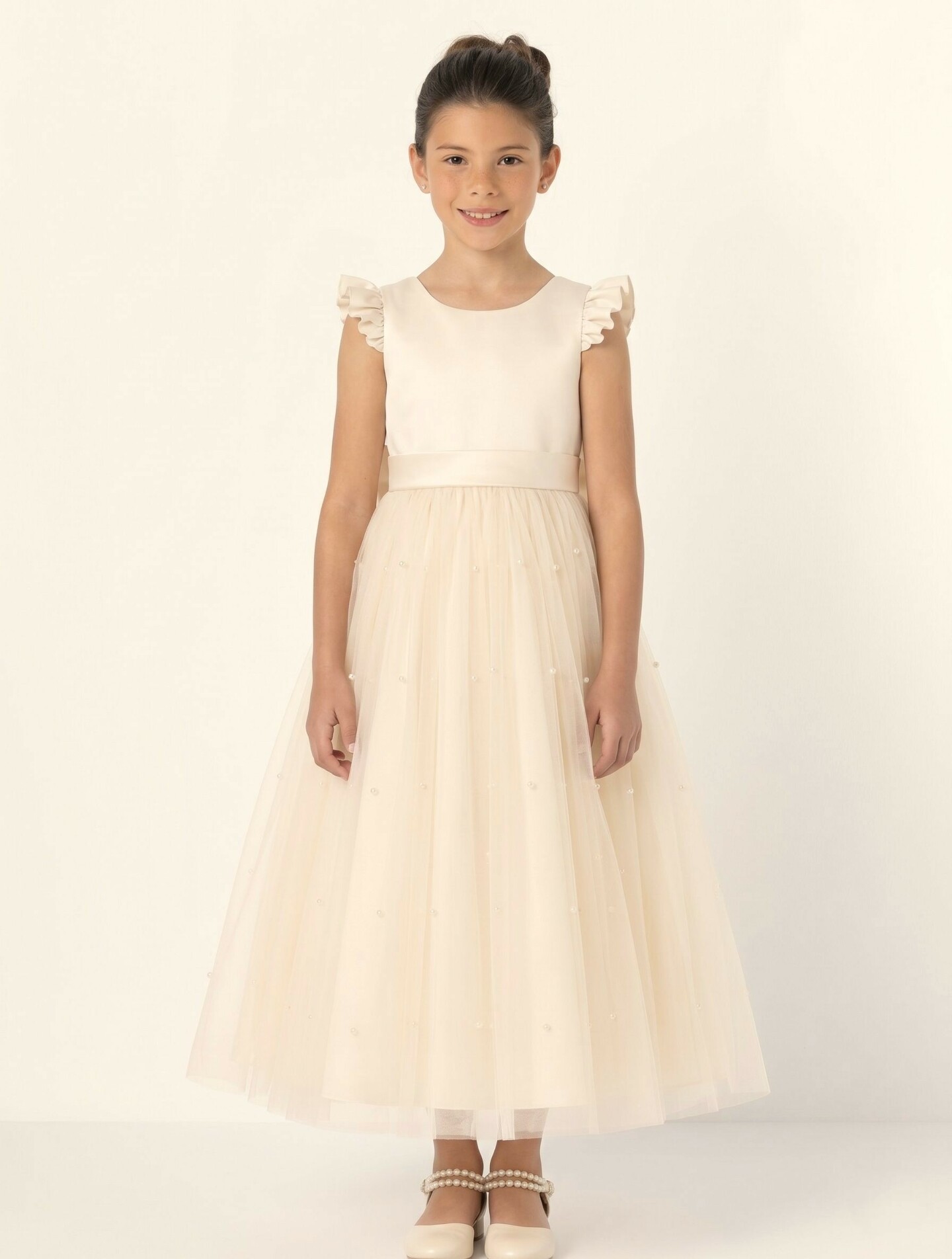 Jacqueline Champagne Pearl Tulle Flower Girl & Junior Bridesmaid Dress | Lucys