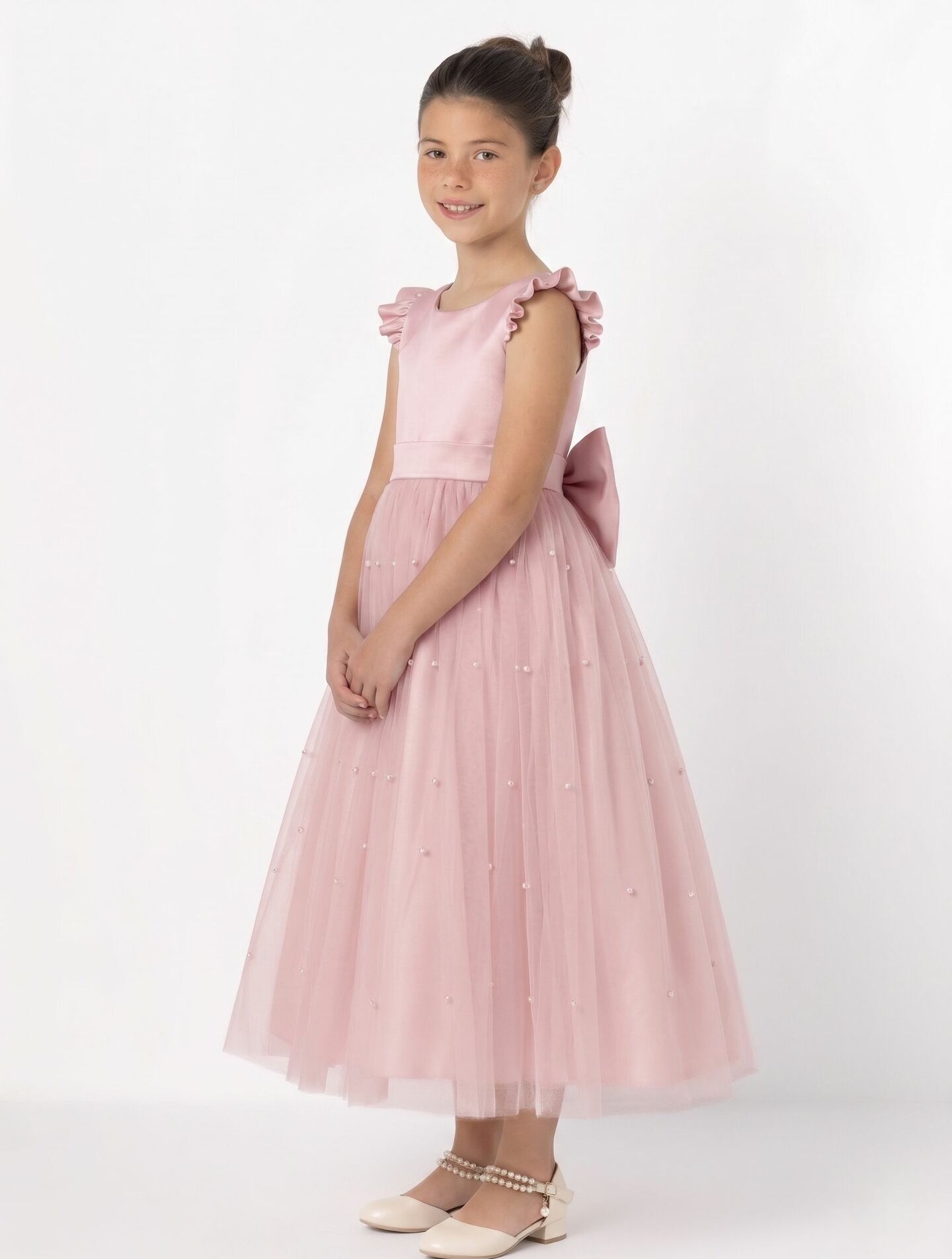 Jacqueline Dusty Pink Pearl Tulle Flower Girl & Junior Bridesmaid Dress | Lucys