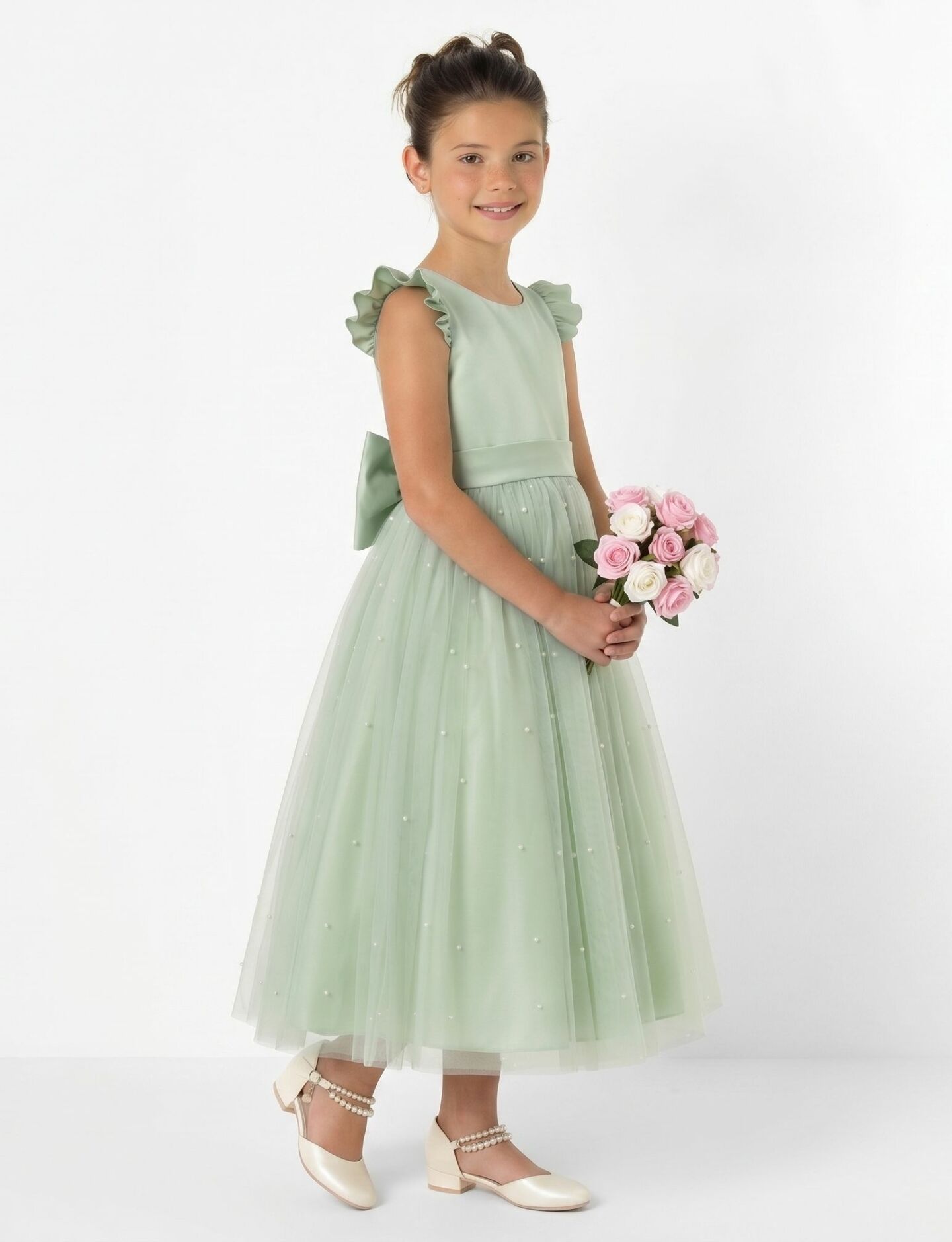 Jacqueline Sage Green Pearl Tulle Flower Girl & Junior Bridesmaid Dress | Lucys
