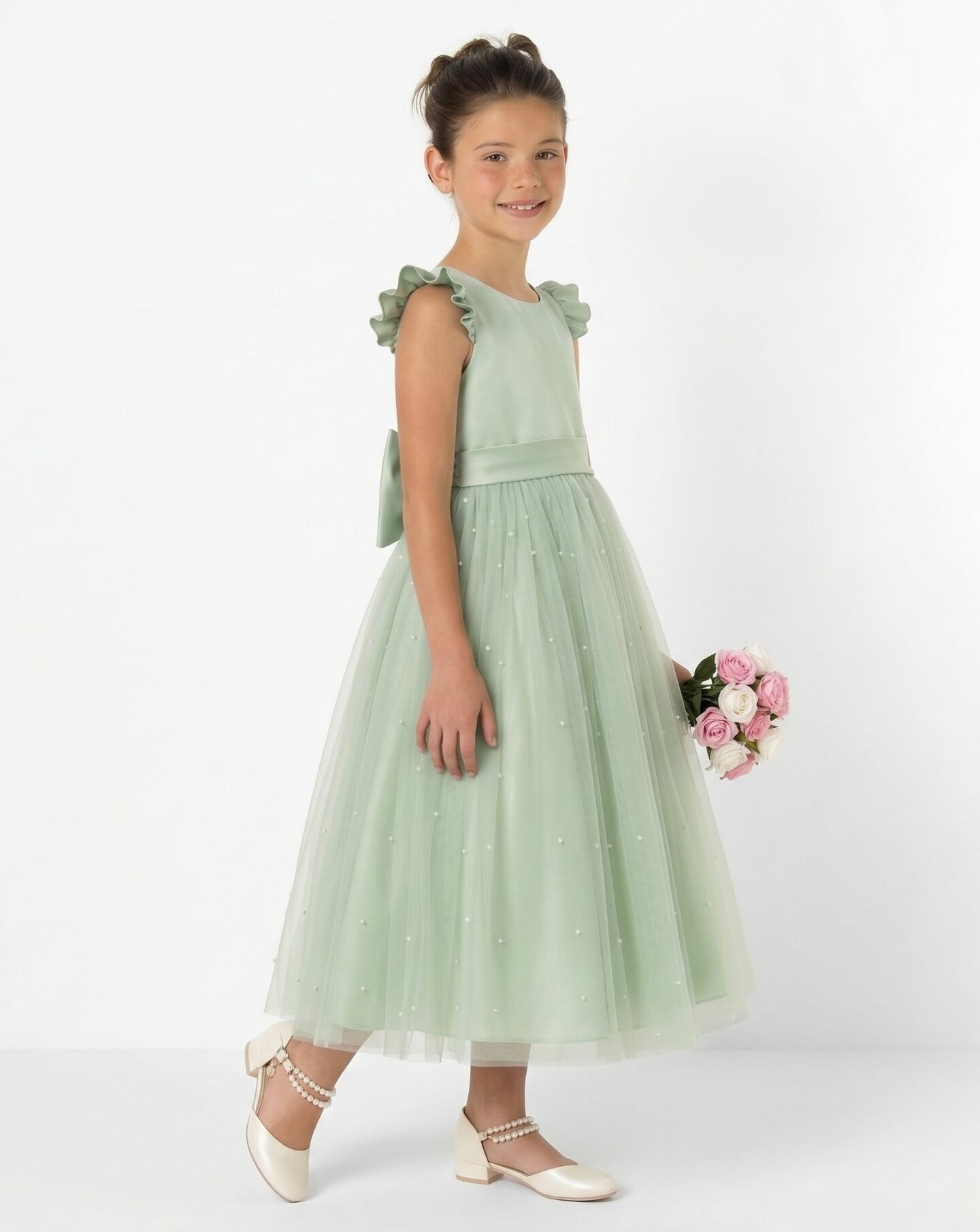 Jacqueline Sage Green Pearl Tulle Flower Girl & Junior Bridesmaid Dress | Lucys