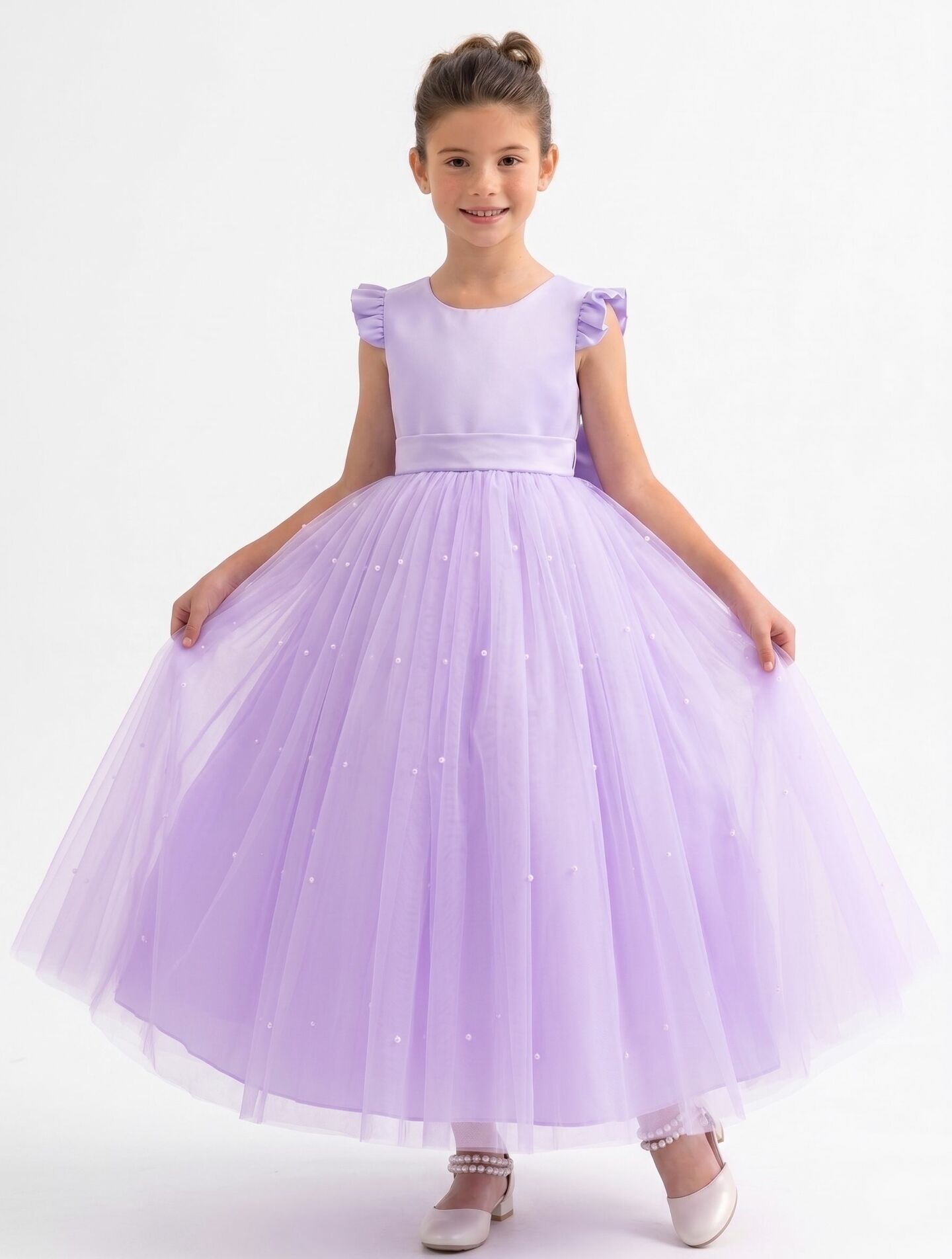 Jacqueline Lavender Pearl Tulle Flower Girl & Junior Bridesmaid Dress