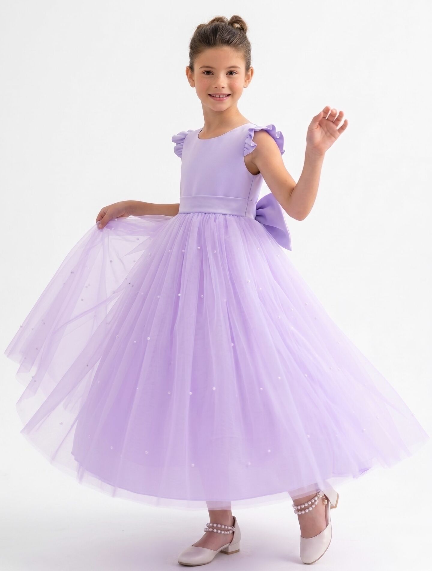 Jacqueline Lavender Pearl Tulle Flower Girl & Junior Bridesmaid Dress