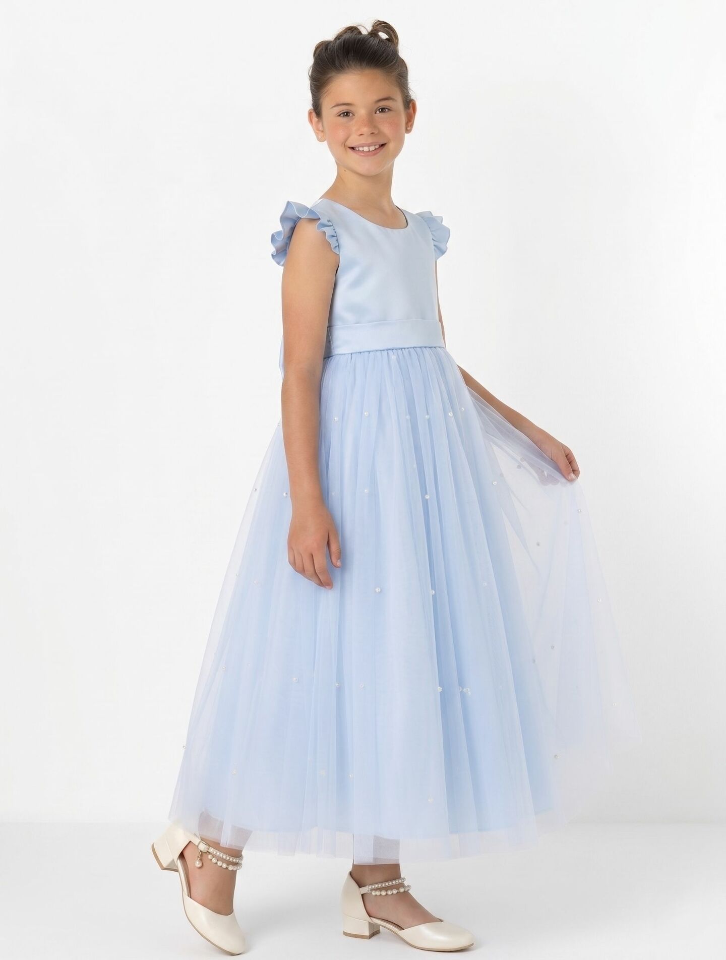 Jacqueline Light Blue Pearl Tulle Flower Girl & Junior Bridesmaid Dress | Lucys