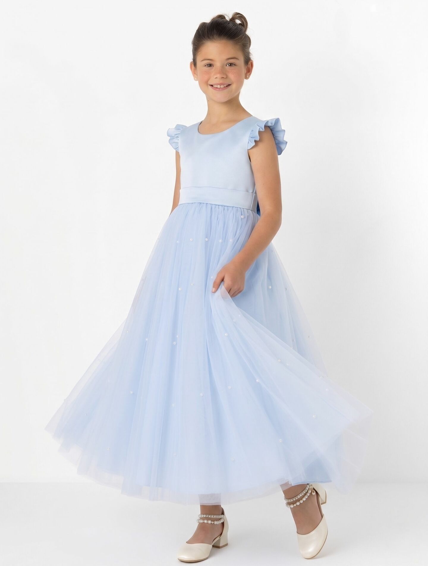 Jacqueline Light Blue Pearl Tulle Flower Girl & Junior Bridesmaid Dress | Lucys