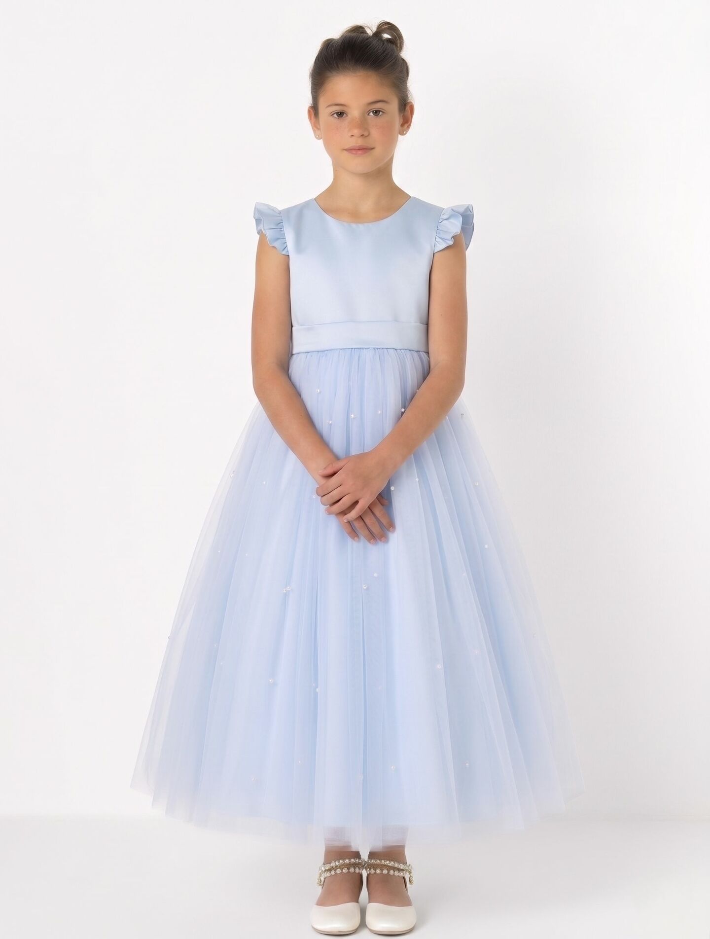 Jacqueline Light Blue Pearl Tulle Flower Girl & Junior Bridesmaid Dress | Lucys
