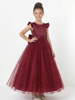 Jacqueline Maroon Pearl Tulle Flower Girl & Junior Bridesmaid Dress | Lucys