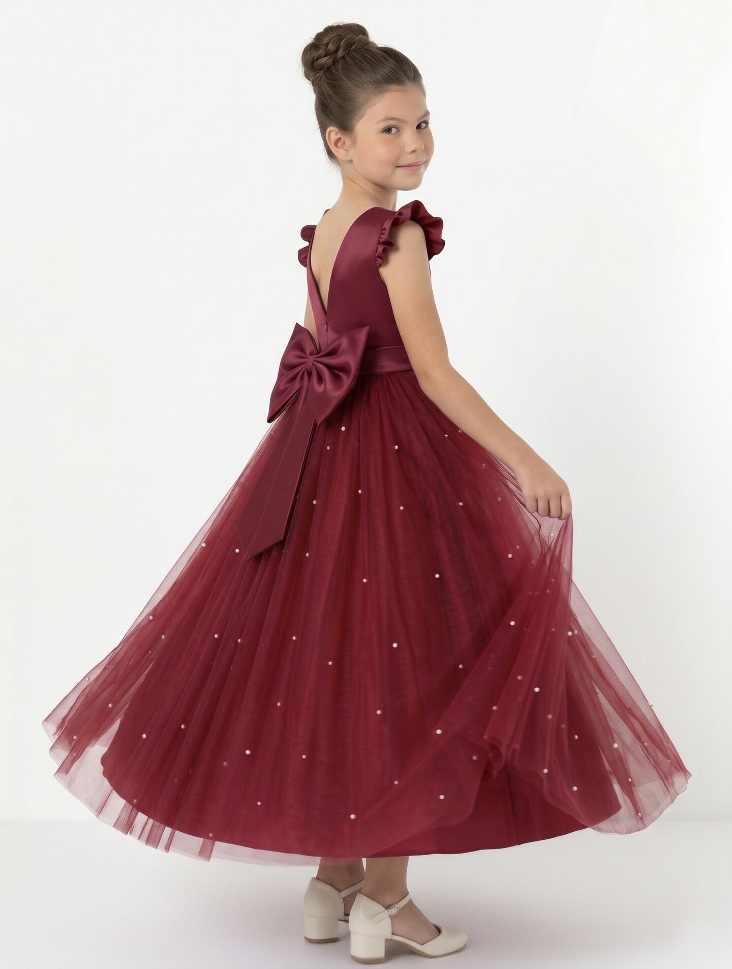 Jacqueline Maroon Pearl Tulle Flower Girl & Junior Bridesmaid Dress | Lucys