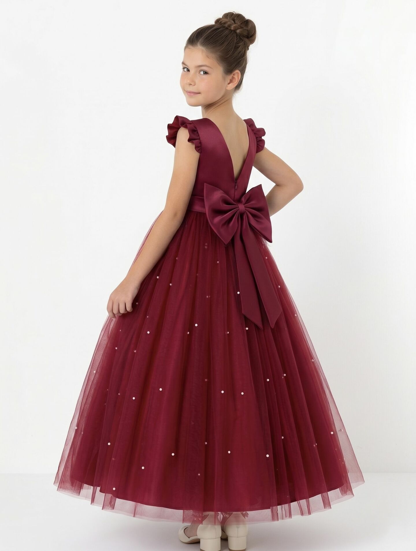 Jacqueline Maroon Pearl Tulle Flower Girl & Junior Bridesmaid Dress | Lucys