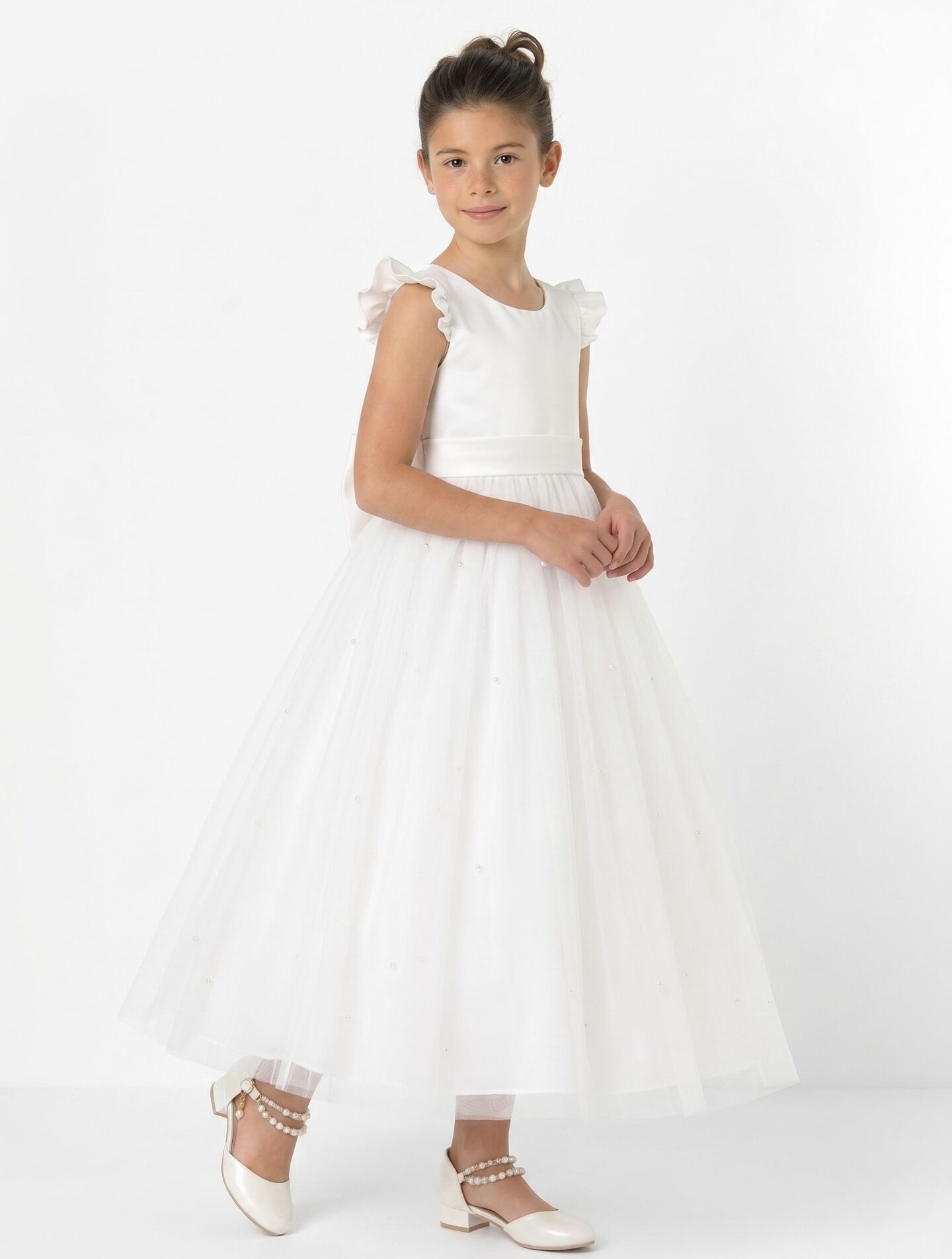 Jacqueline White Pearl Tulle Flower Girl & Communion Dress | Lucys