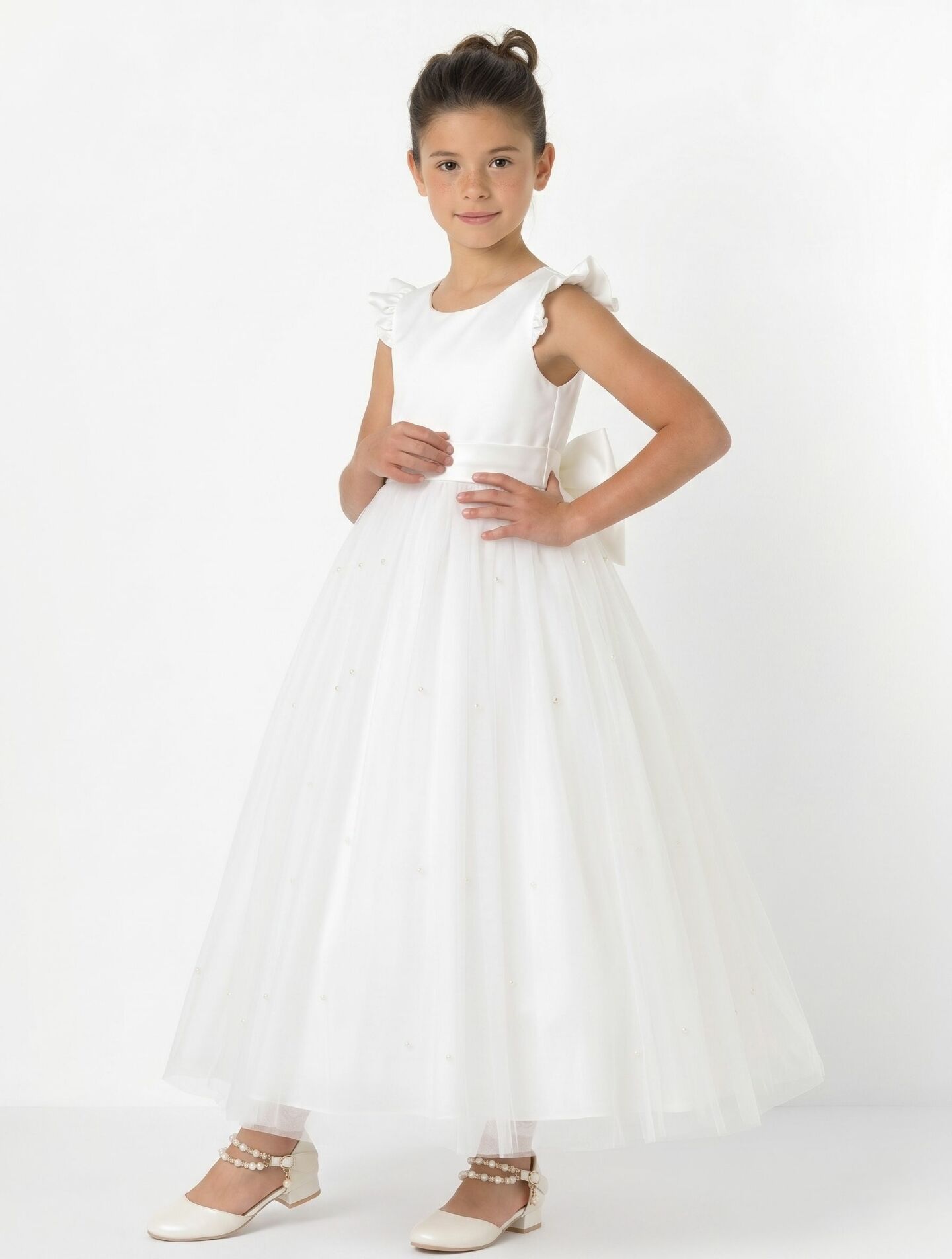 Jacqueline White Pearl Tulle Flower Girl & Communion Dress | Lucys