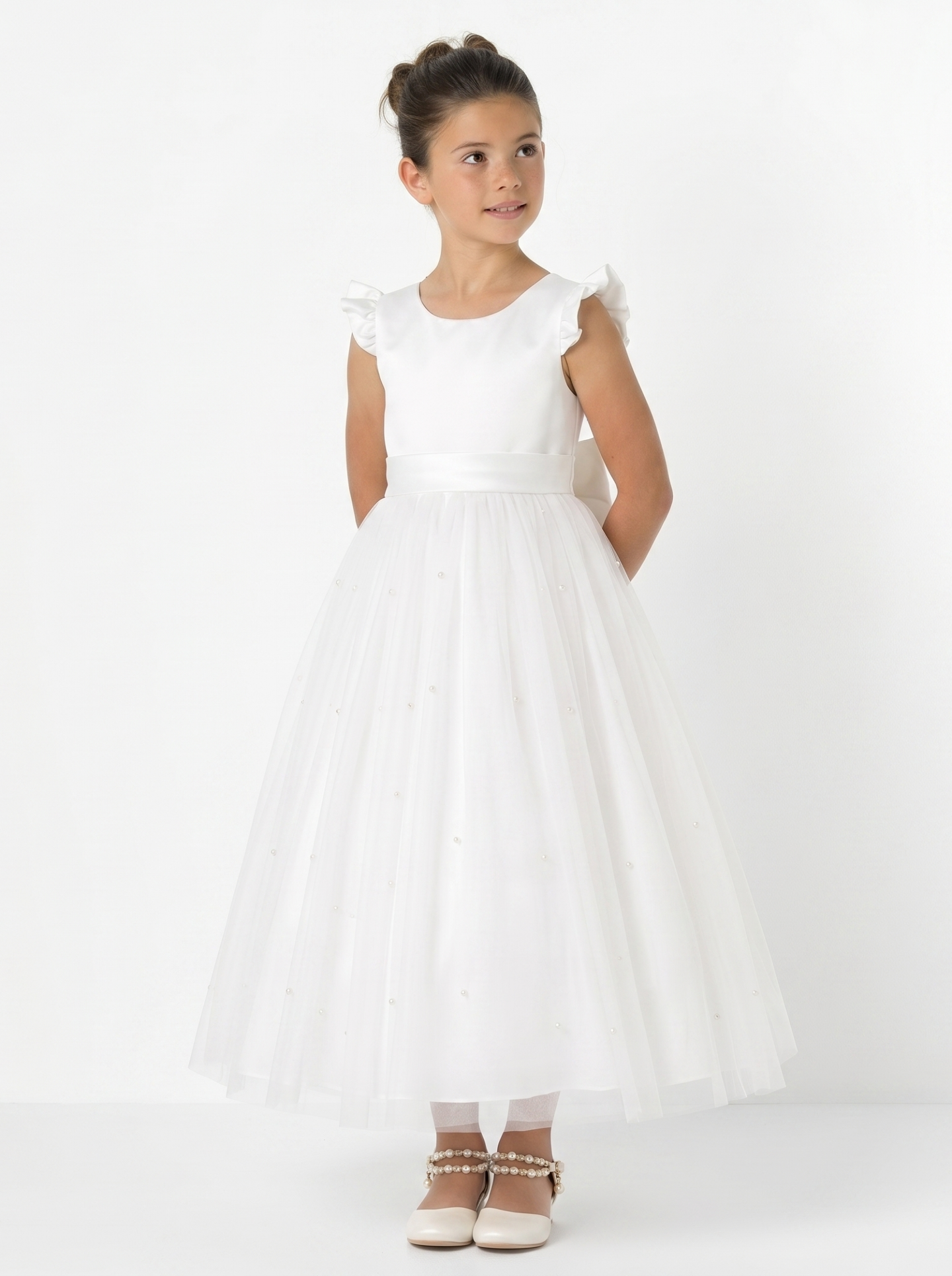 Jacqueline White Pearl Tulle Flower Girl & Communion Dress | Lucys