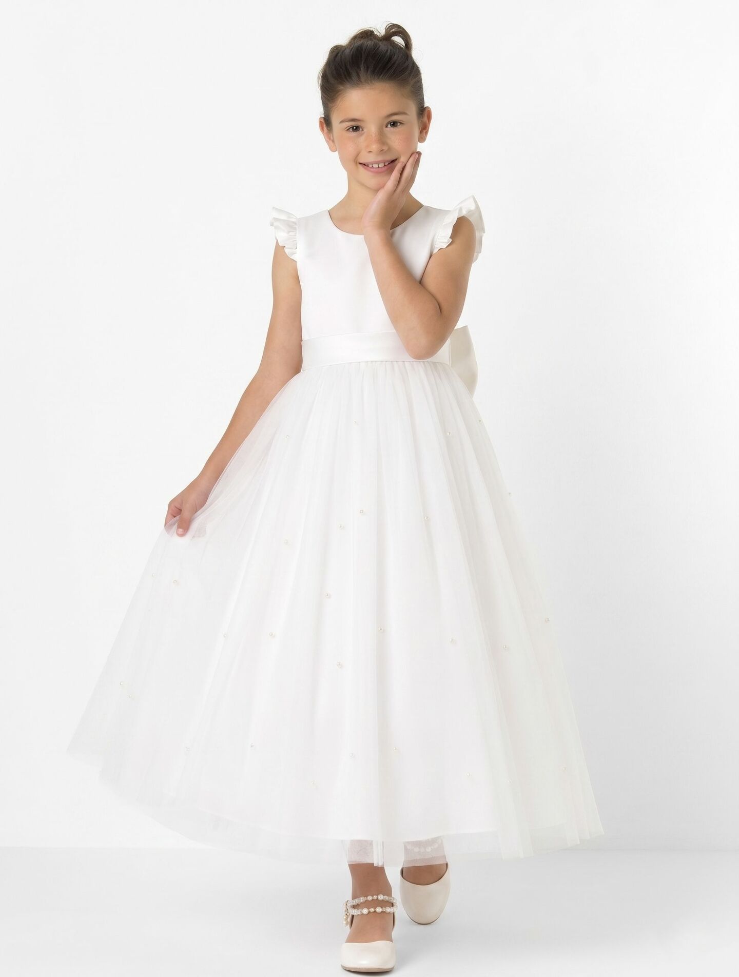Jacqueline White Pearl Tulle Flower Girl & Communion Dress | Lucys