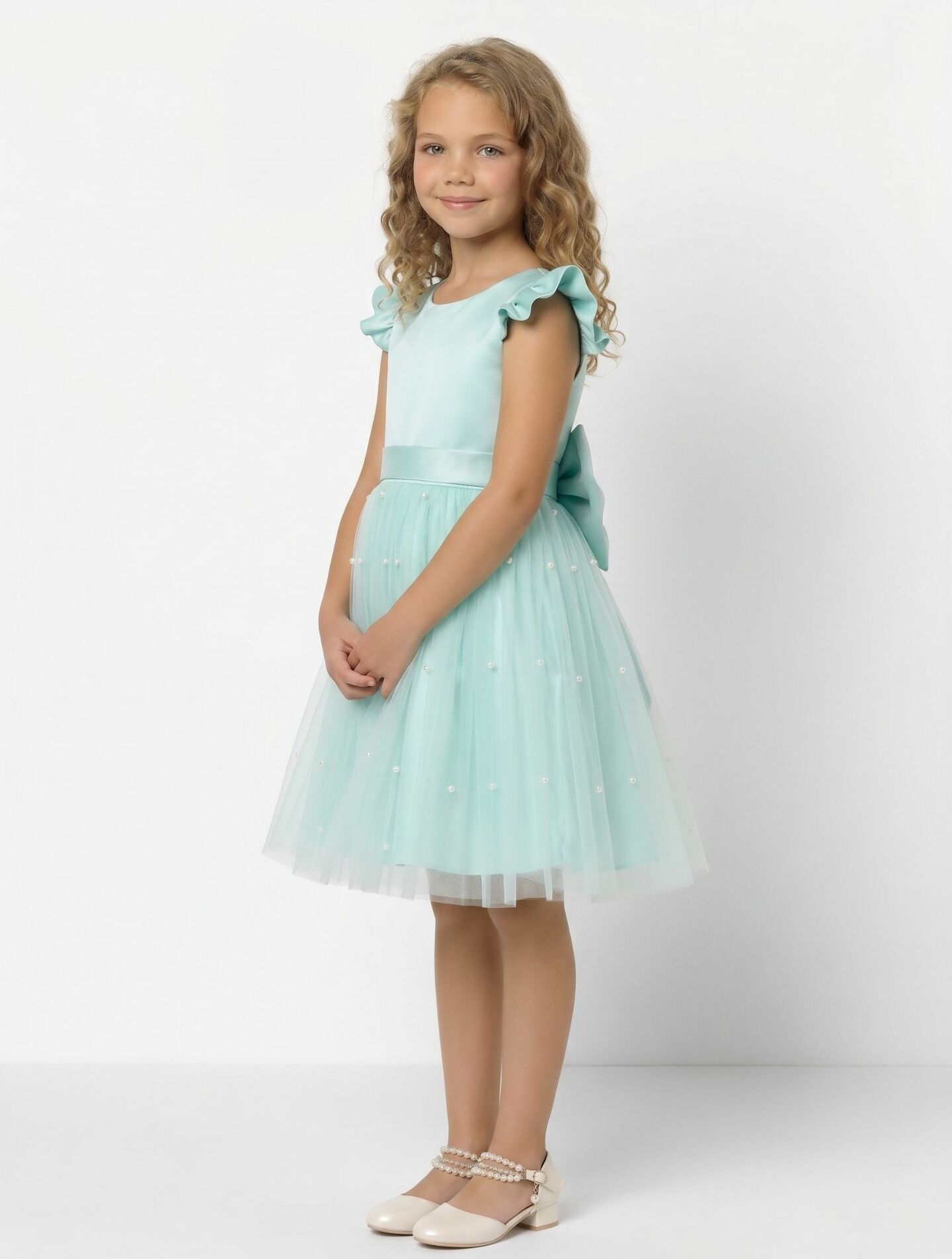 Jacqueline Aqua Flutter Sleeve Pearl Tulle Flower Girl Dress | Lucys