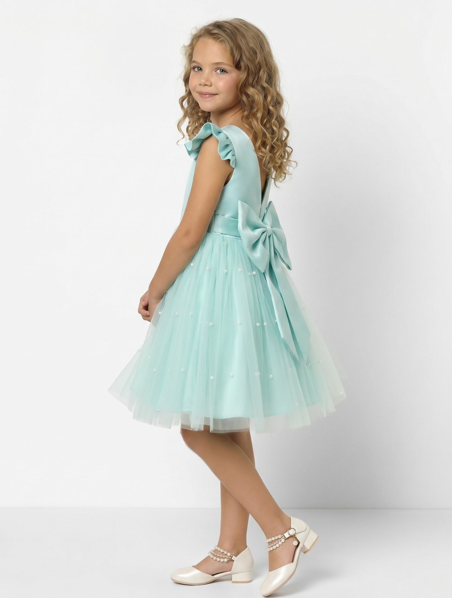 Jacqueline Aqua Flutter Sleeve Pearl Tulle Flower Girl Dress | Lucys