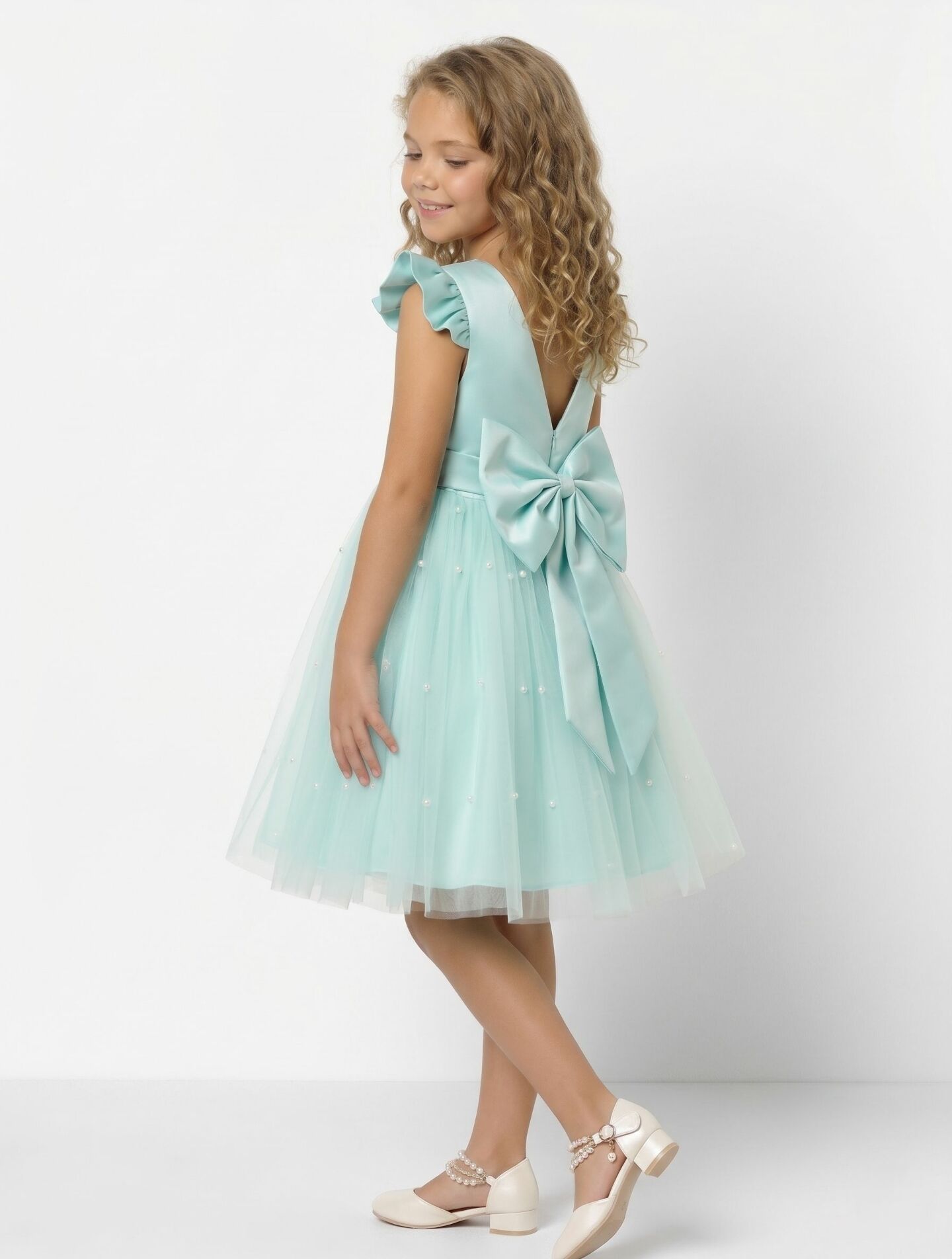 Jacqueline Aqua Flutter Sleeve Pearl Tulle Flower Girl Dress | Lucys