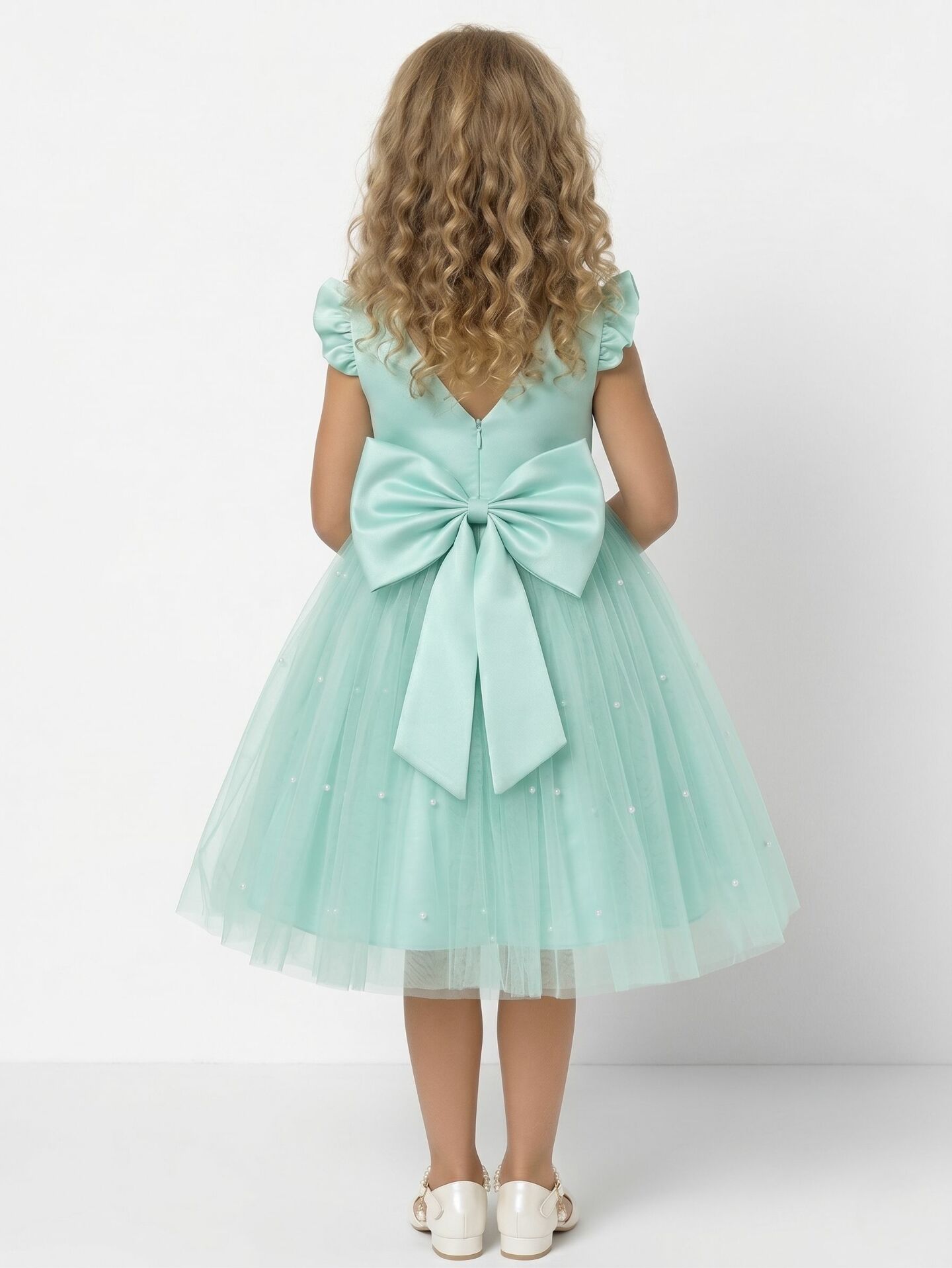 Jacqueline Aqua Flutter Sleeve Pearl Tulle Flower Girl Dress | Lucys