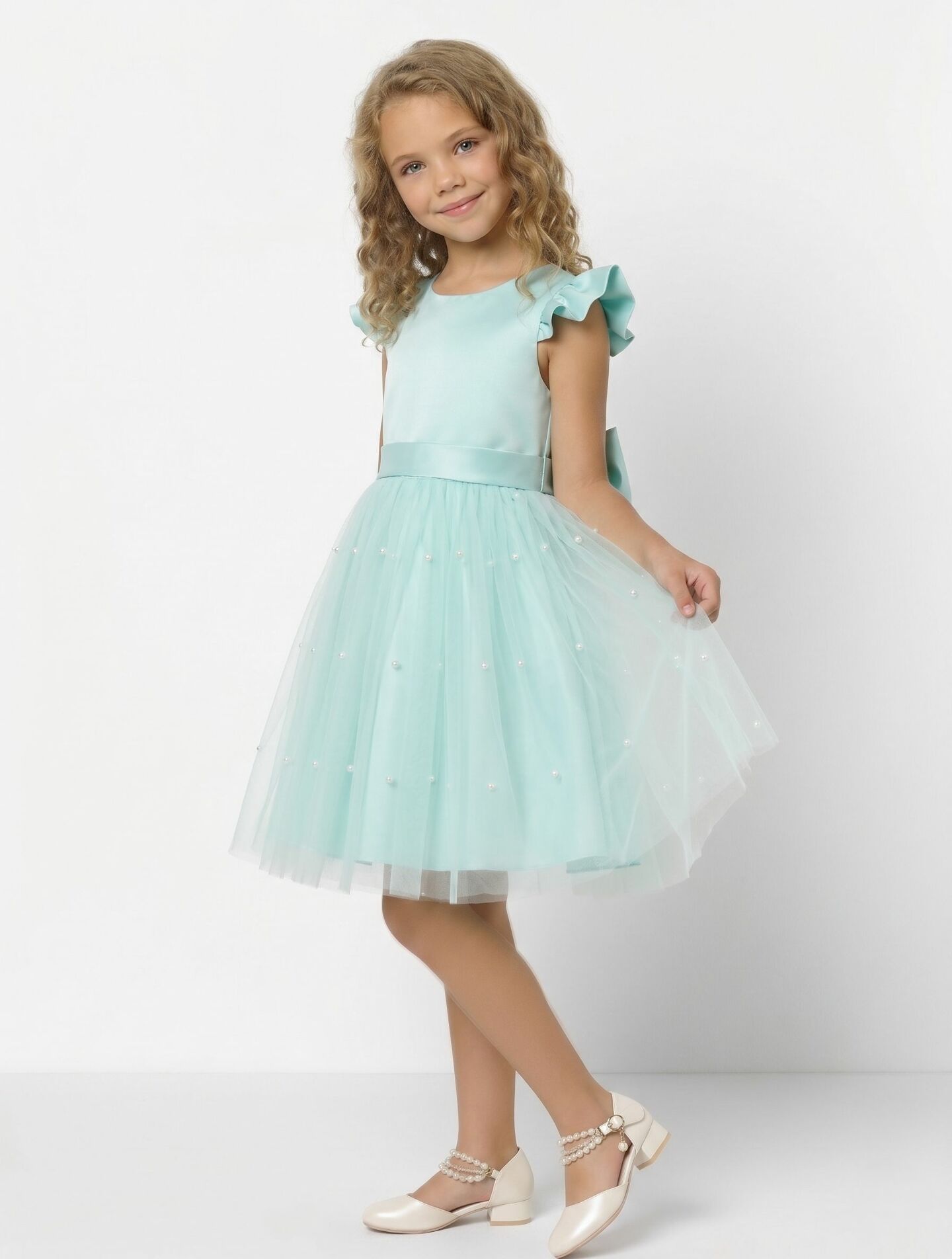 Jacqueline Aqua Flutter Sleeve Pearl Tulle Flower Girl Dress | Lucys