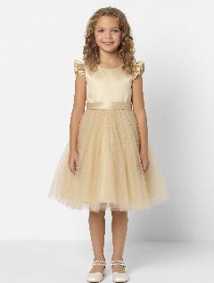 Jacqueline Beige Flutter Sleeve Pearl Tulle Flower Girl Dress | Lucys