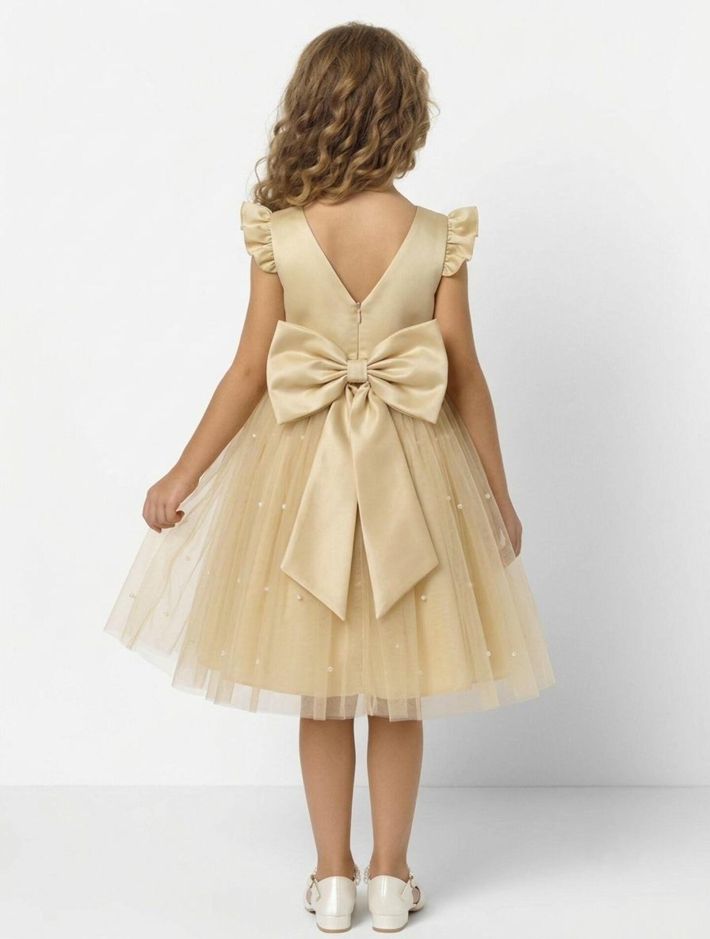 Jacqueline Beige Flutter Sleeve Pearl Tulle Flower Girl Dress | Lucys