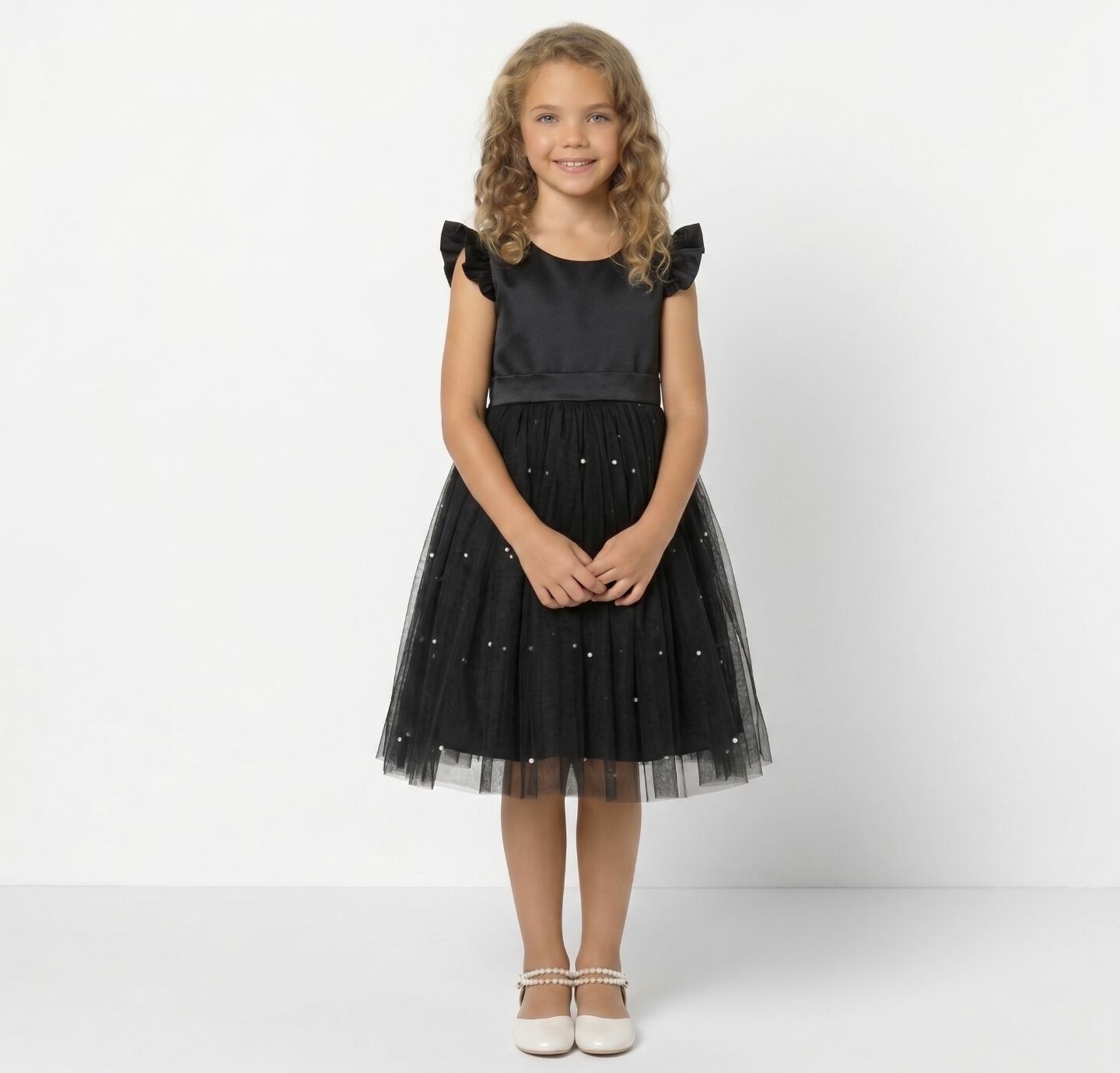 Jacqueline Black Flutter Sleeve Pearl Tulle Girls Party Dress | Lucys