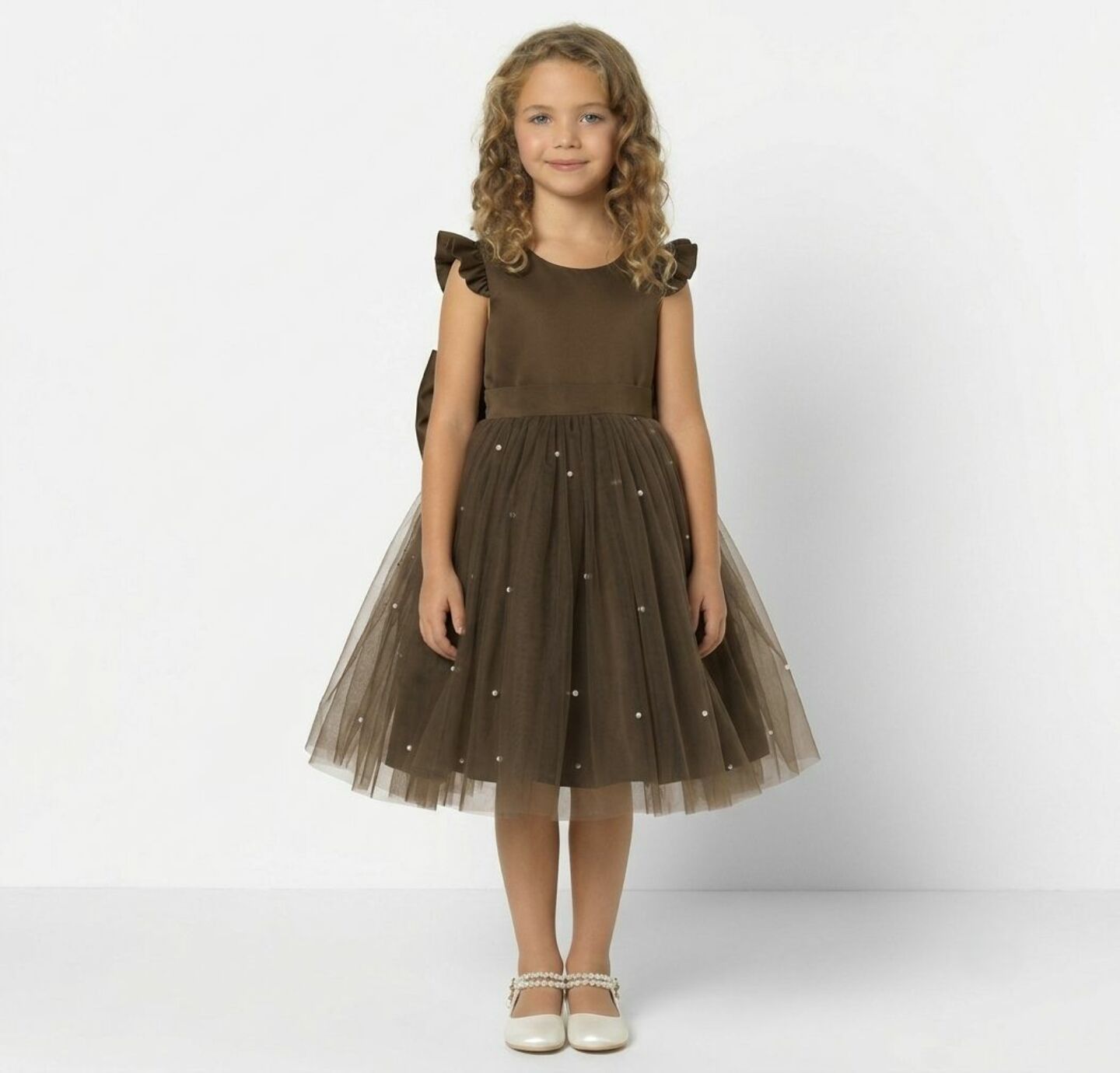 Jacqueline Brown Flutter Sleeve Pearl Tulle Girls Party Dress | Lucys