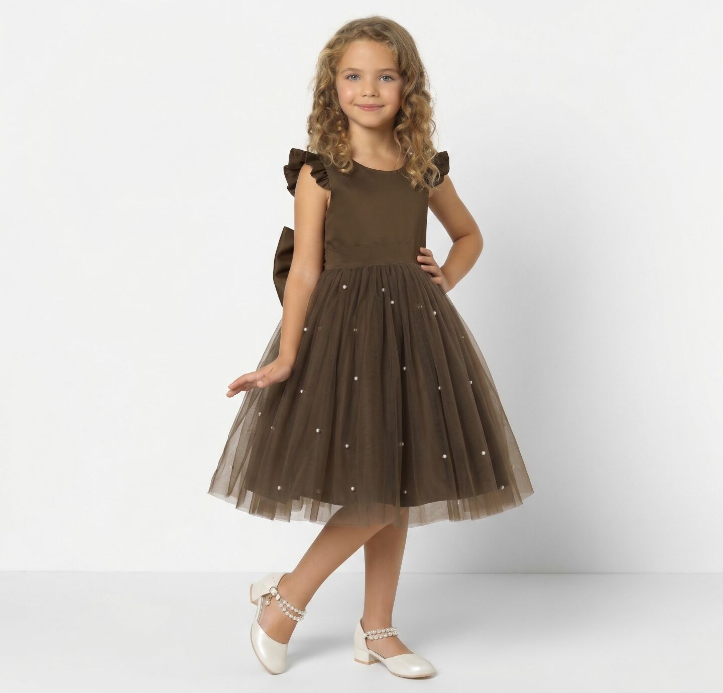 Jacqueline Brown Flutter Sleeve Pearl Tulle Girls Party Dress | Lucys