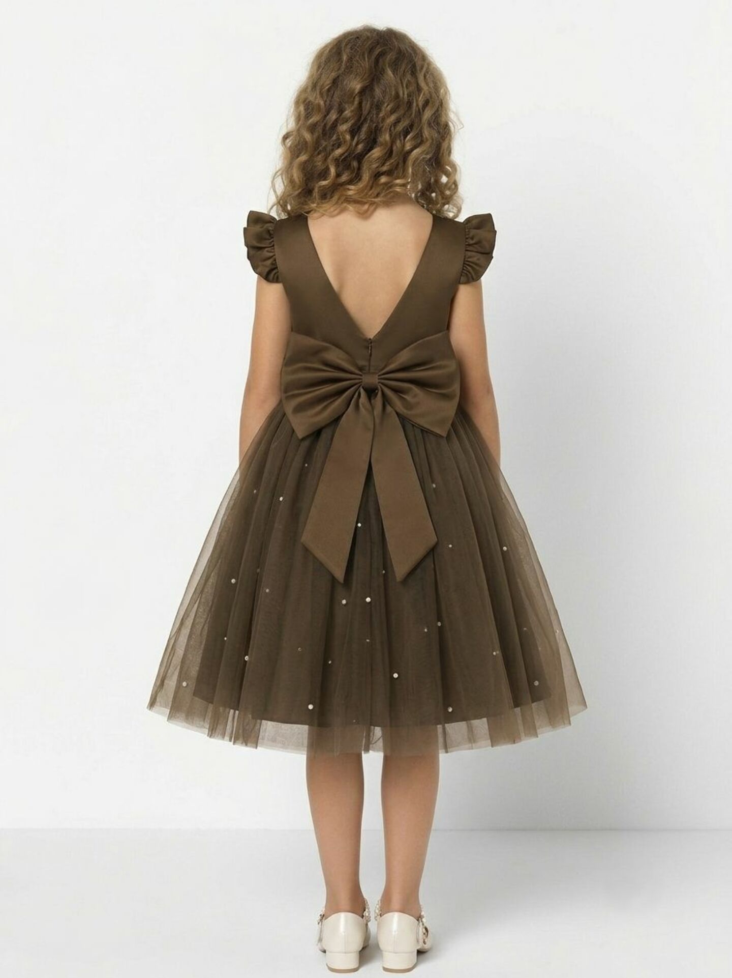 Jacqueline Brown Flutter Sleeve Pearl Tulle Girls Party Dress | Lucys