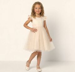 Jacqueline Champagne Flutter Sleeve Pearl Tulle Flower Girl Dress | Lucys
