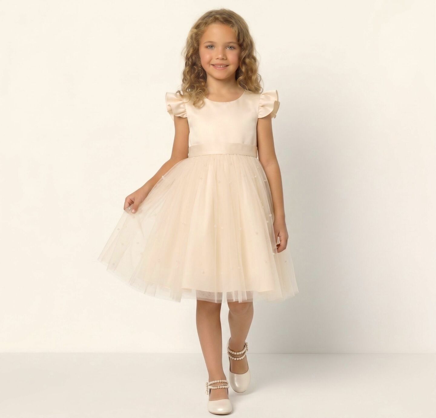 Jacqueline Champagne Flutter Sleeve Pearl Tulle Flower Girl Dress | Lucys