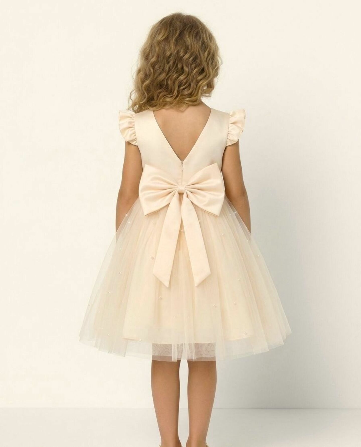 Jacqueline Champagne Flutter Sleeve Pearl Tulle Flower Girl Dress | Lucys