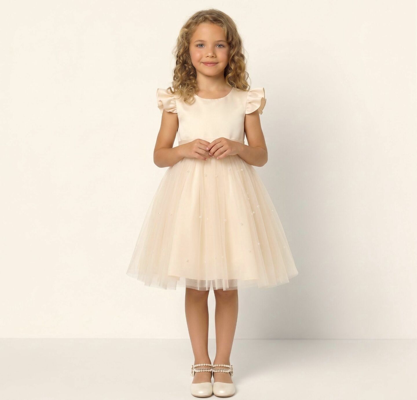 Jacqueline Champagne Flutter Sleeve Pearl Tulle Flower Girl Dress | Lucys