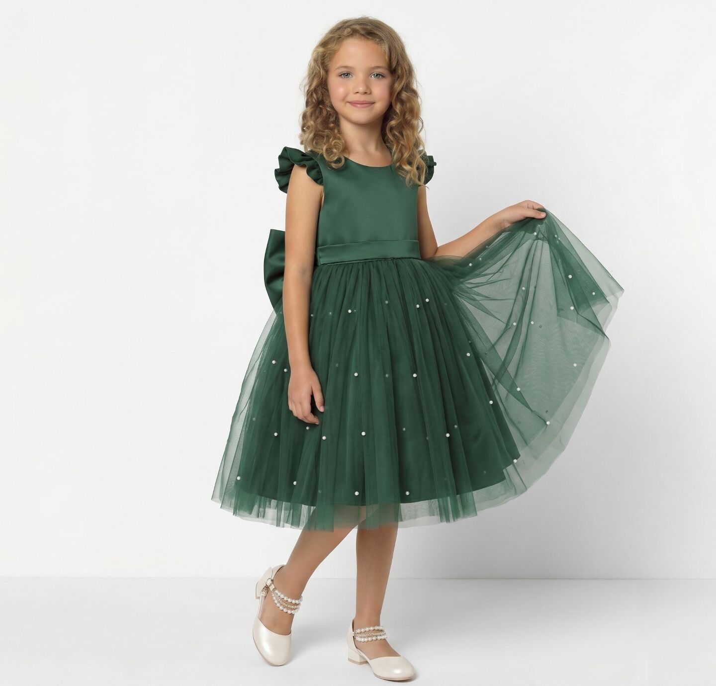 Jacqueline Emerald Green Flutter Sleeve Pearl Tulle Party Dress | Lucys