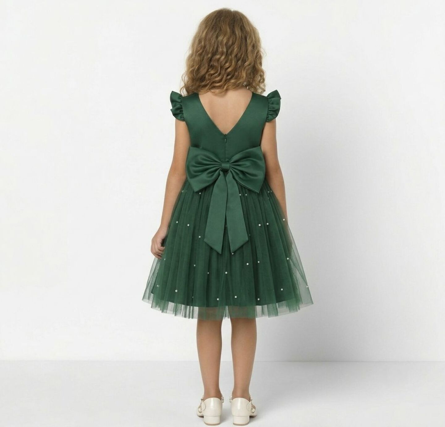 Jacqueline Emerald Green Flutter Sleeve Pearl Tulle Party Dress | Lucys