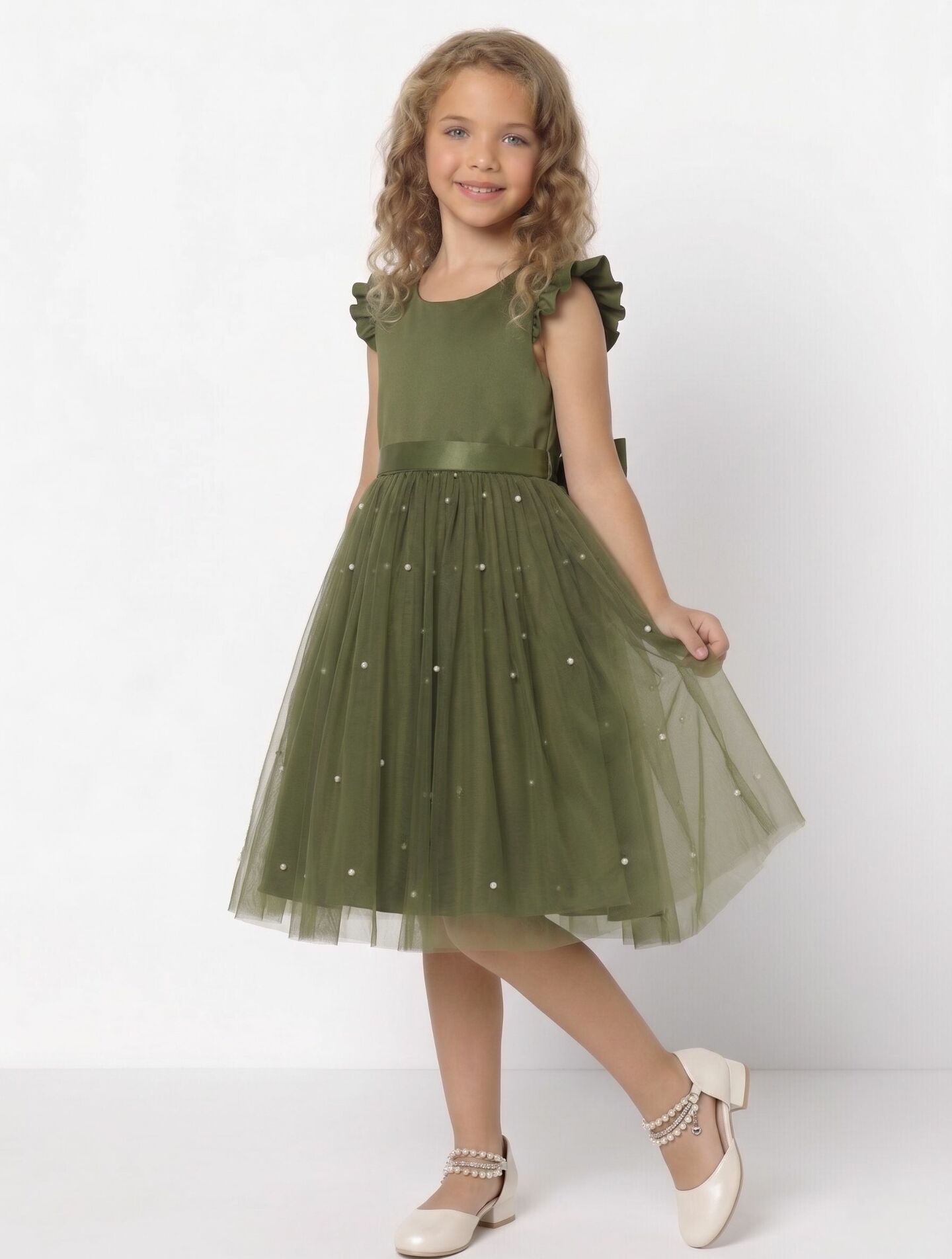 Jacqueline Olive Green Flutter Sleeve Pearl Tulle Party Dress | Lucys