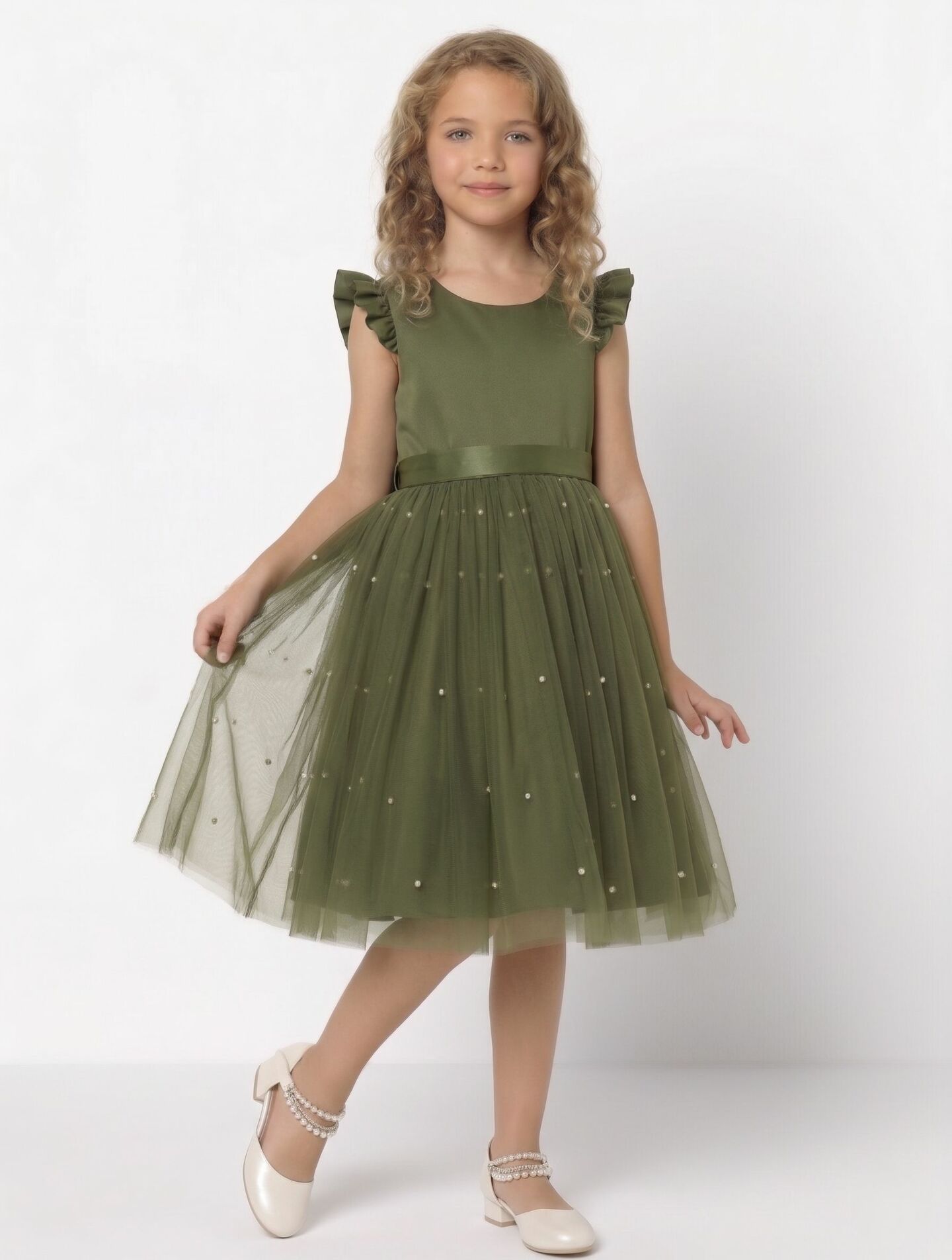 Jacqueline Olive Green Flutter Sleeve Pearl Tulle Party Dress | Lucys