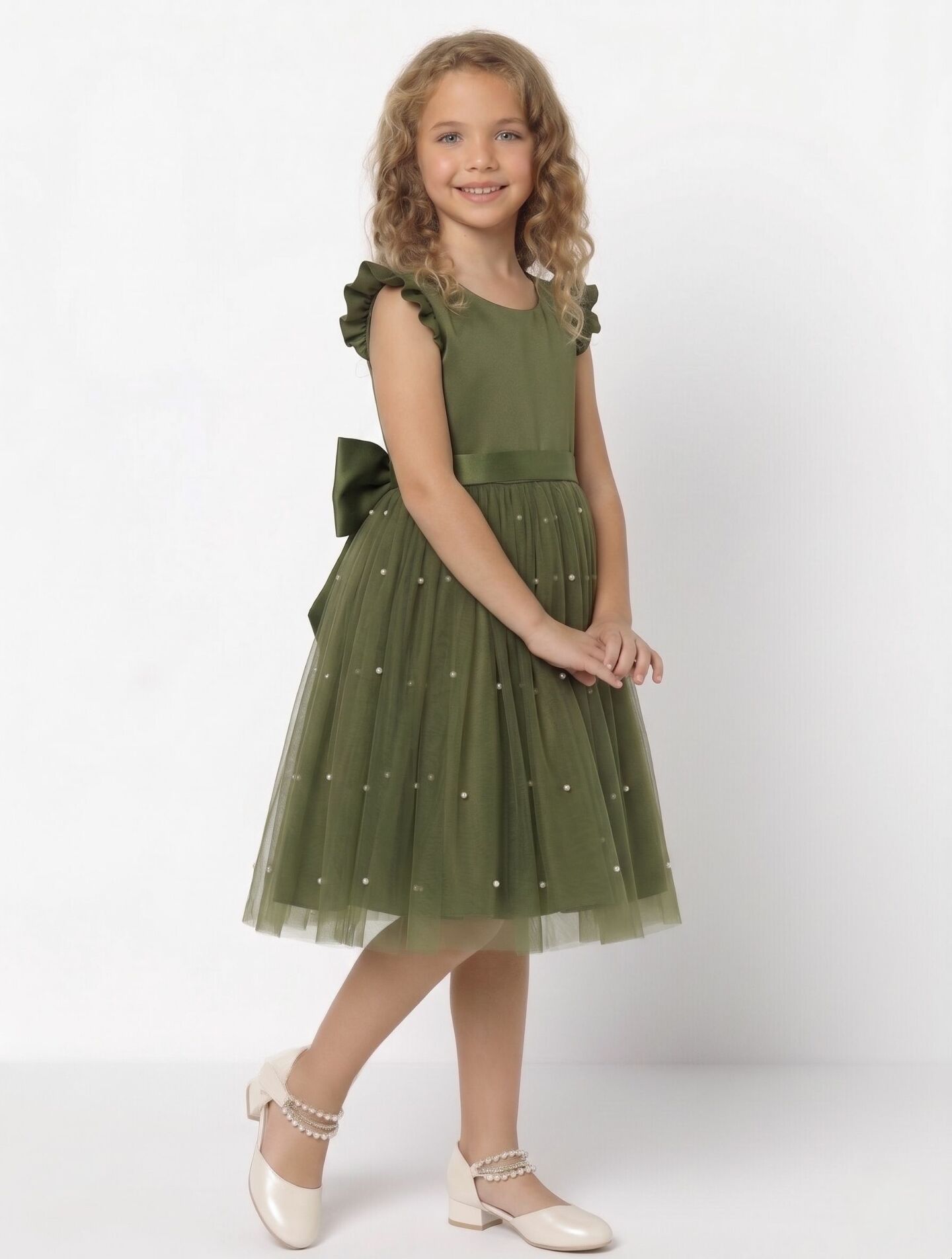 Jacqueline Olive Green Flutter Sleeve Pearl Tulle Party Dress | Lucys