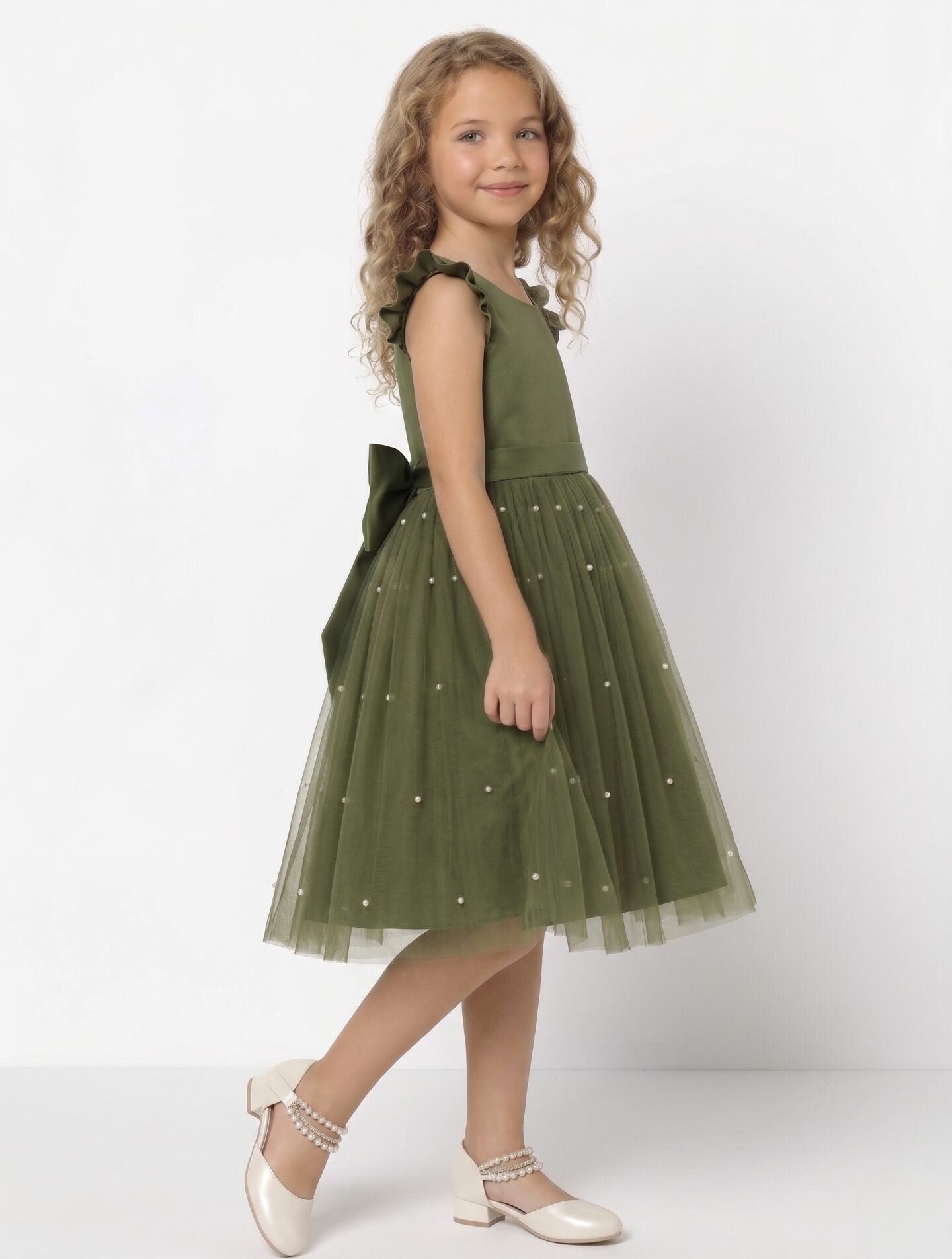 Jacqueline Olive Green Flutter Sleeve Pearl Tulle Party Dress | Lucys