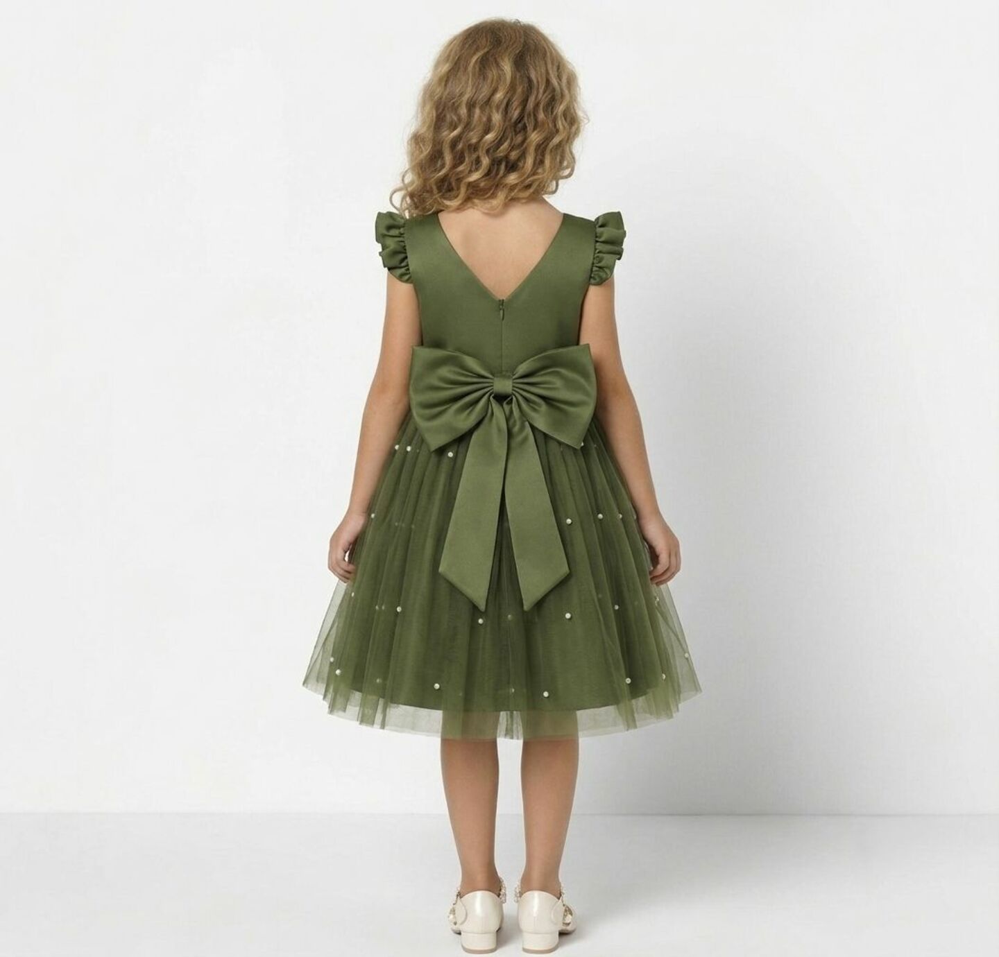Jacqueline Olive Green Flutter Sleeve Pearl Tulle Party Dress | Lucys