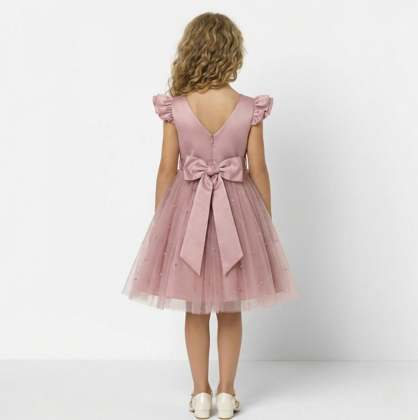 Jacqueline Dusty Pink Flutter Sleeve Pearl Tulle Bridesmaid Dress | Lucys
