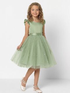 Jacqueline Sage Green Flutter Sleeve Pearl Tulle Bridesmaid Dress | Lucys