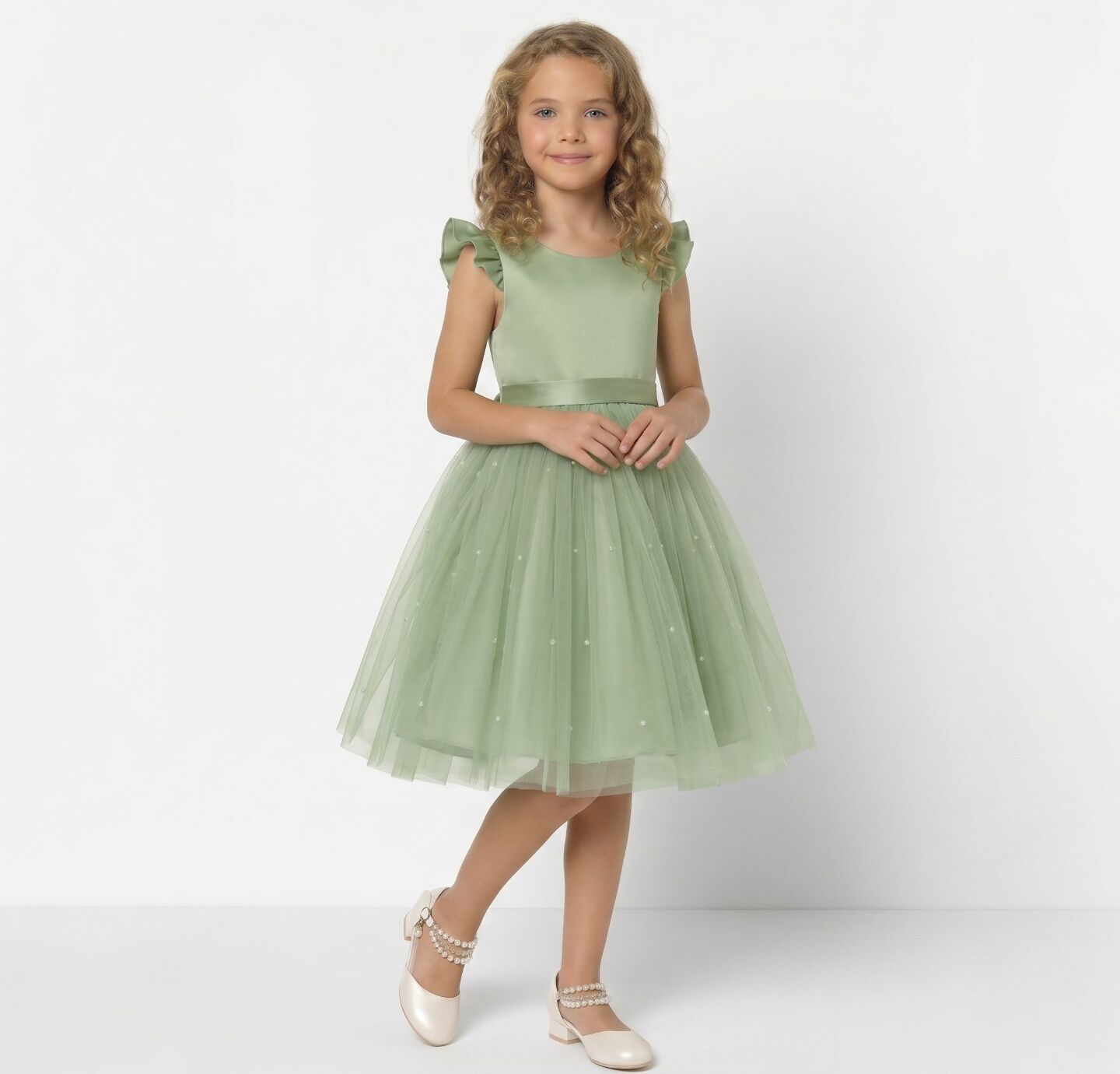 Jacqueline Sage Green Flutter Sleeve Pearl Tulle Bridesmaid Dress | Lucys